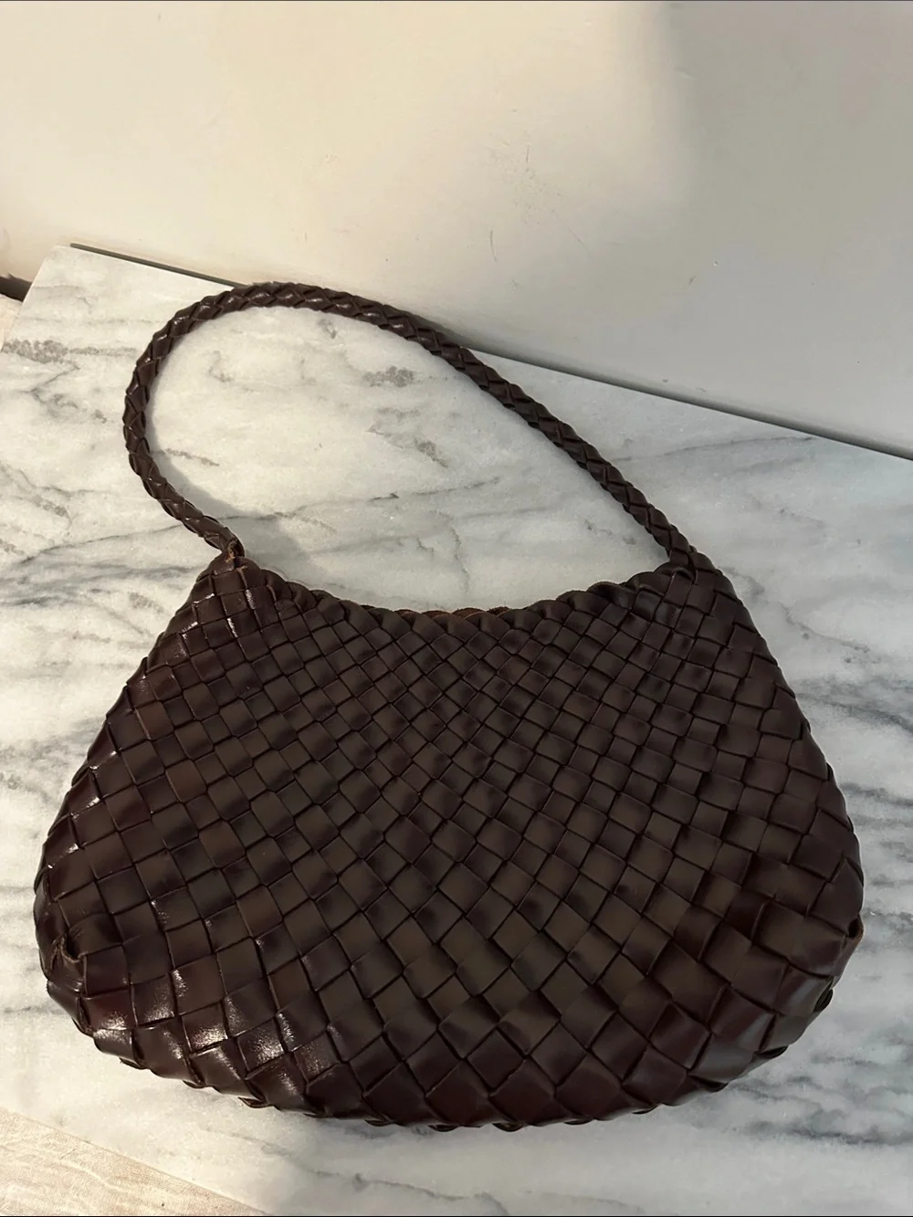 Faye Creations Emma Woven Full-Grain Leather Shoulder Bag - Dark Brown